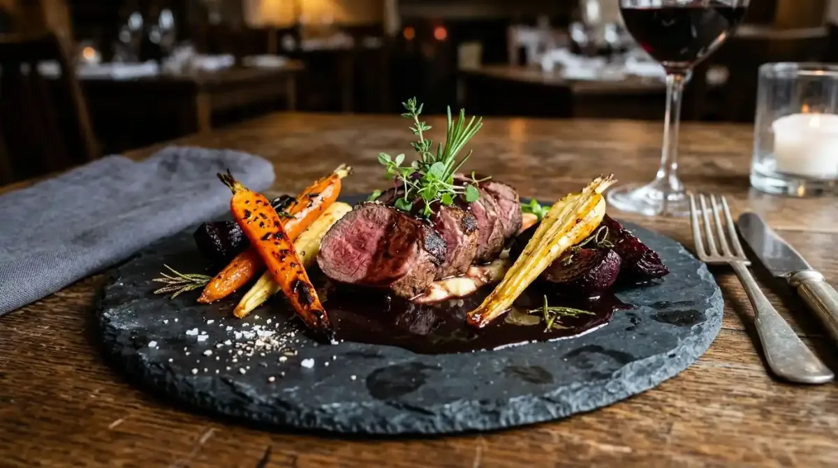 A gourmet winter dinner featuring local Irish game and root vegetables.