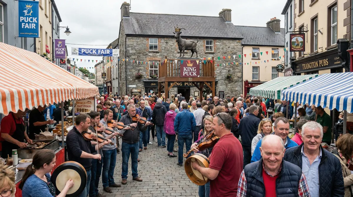 Lively street scene at Puck Fair in Killorglin, with market stalls, crowds, and the King Puck statue in the background.