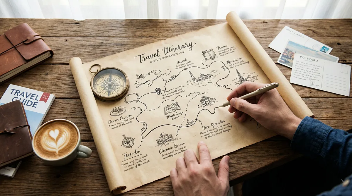 A custom travel itinerary map spread on a table, highlighting a planned route, with a compass and coffee cup nearby.