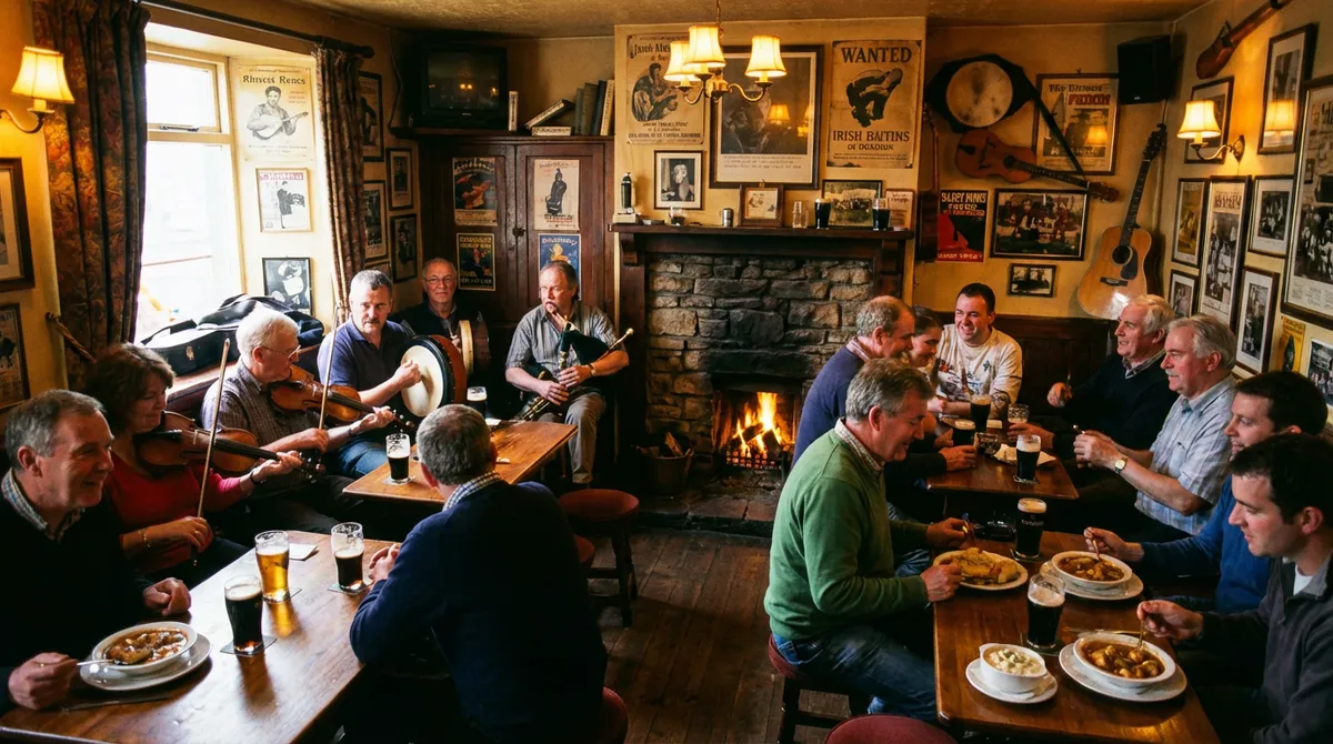 Traditional Irish pub with live music session and patrons