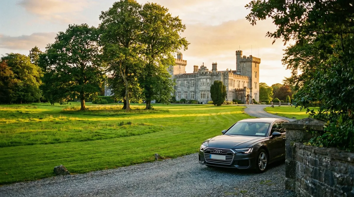 Majestic Irish castle hotel with a modern rental car in the driveway