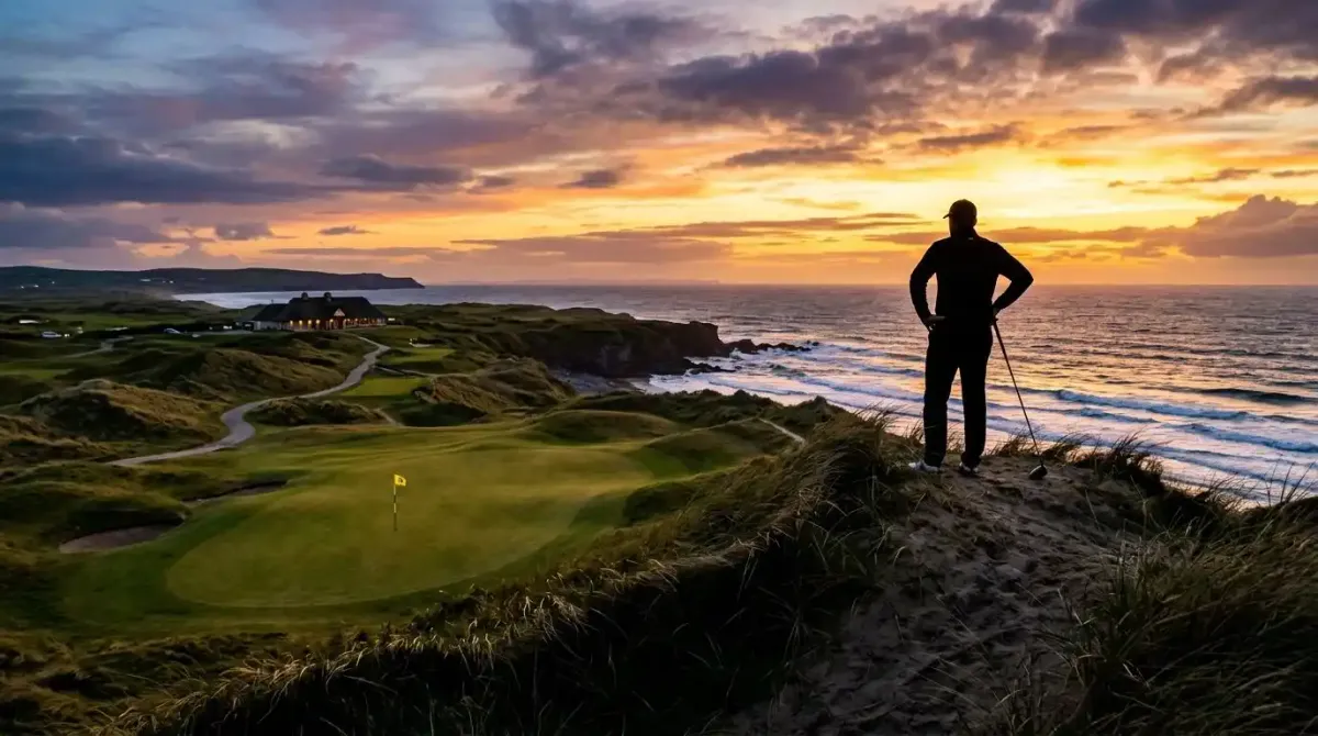 A golfer overlooking a world-class championship links layout at sunset, cementing an enduring sporting legacy in Ireland.