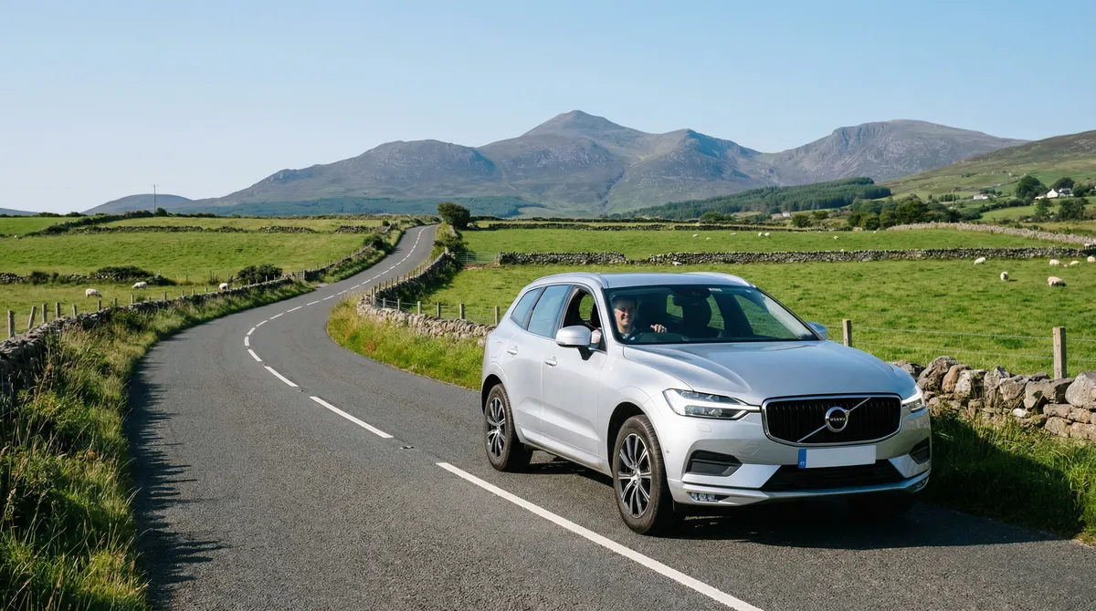 Modern rental car driving on a scenic road in Northern Ireland