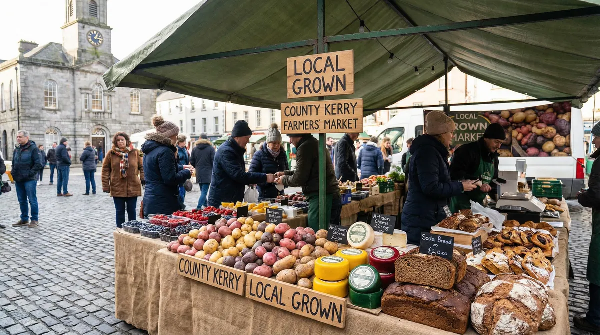 Vibrant Irish farmers' market stall with fresh produce and local goods