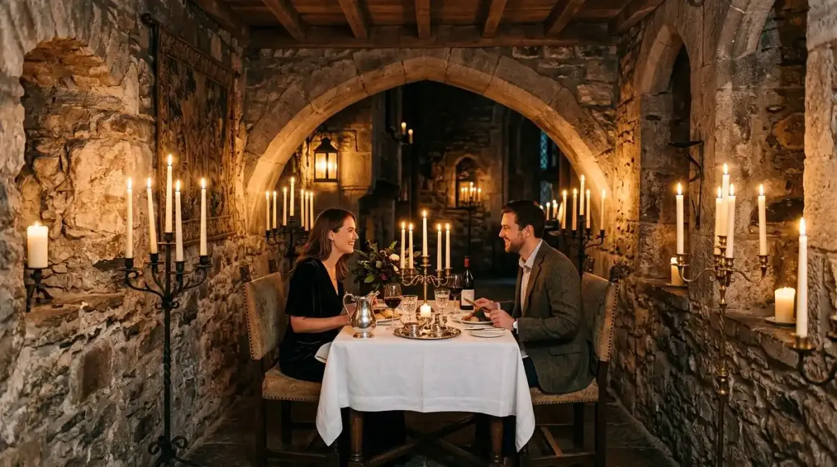 A private candlelit dinner for two in a historic Irish castle.