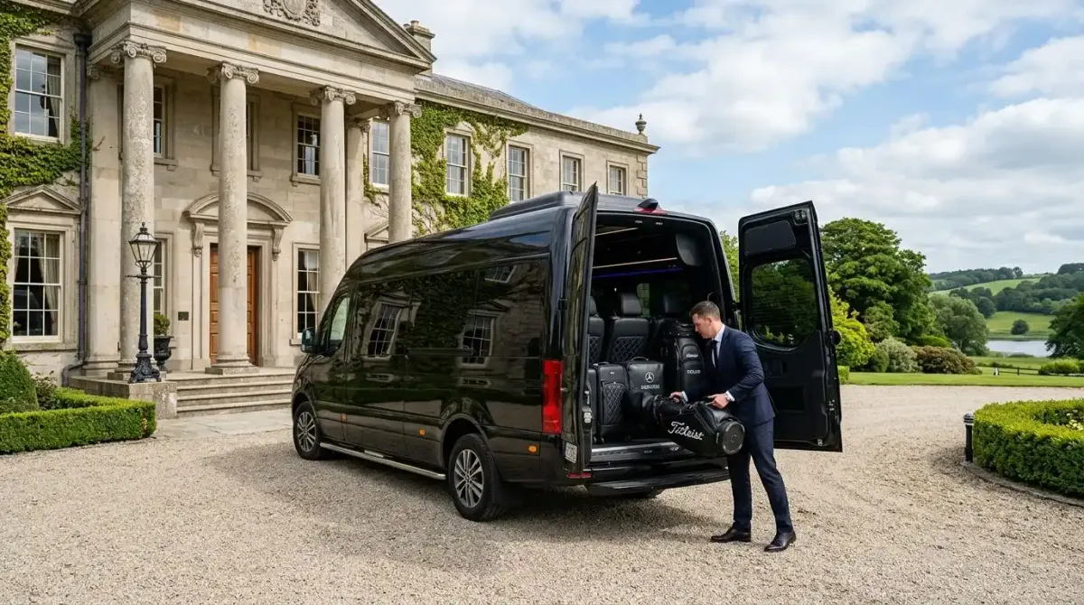 An elite private chauffeur vehicle being loaded with premium golf equipment outside an exclusive Irish estate.