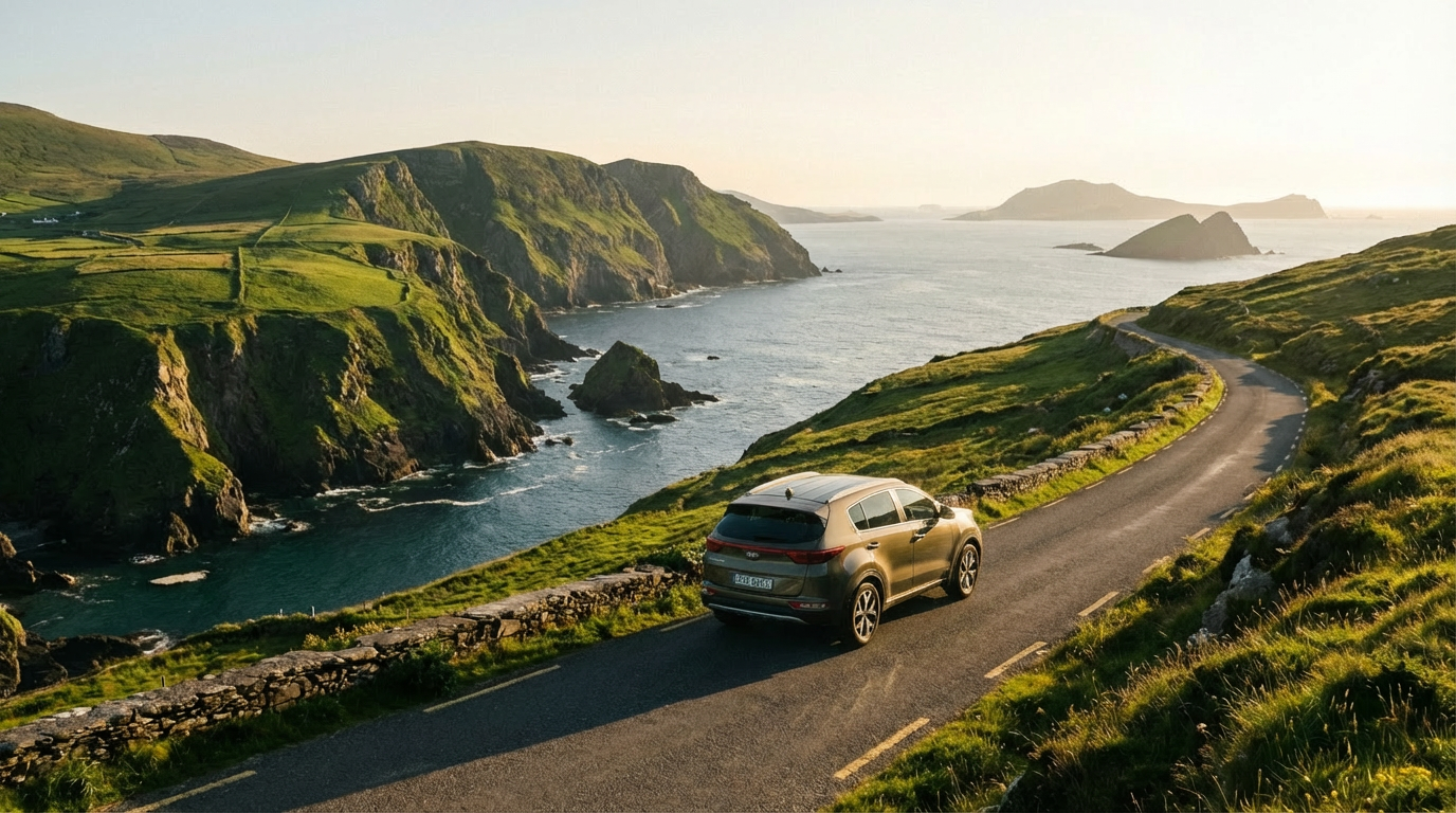 Modern car driving on a scenic coastal road in Ireland with cliffs and ocean