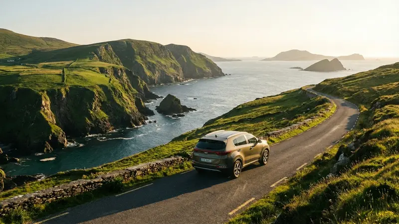 Modern car driving on a scenic coastal road in Ireland with cliffs and ocean