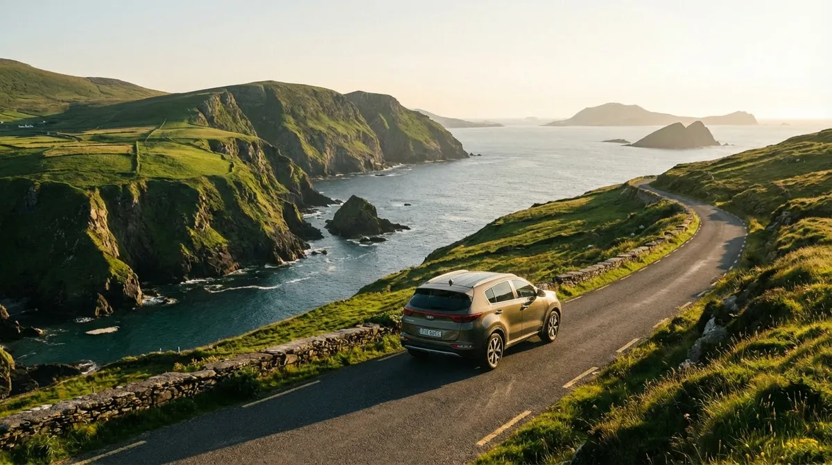 Modern car driving on a scenic coastal road in Ireland with cliffs and ocean