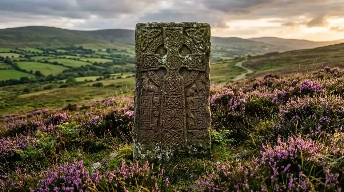 An ancient carved Christian stone monument discovered along a remote mountain walking path in Ireland.