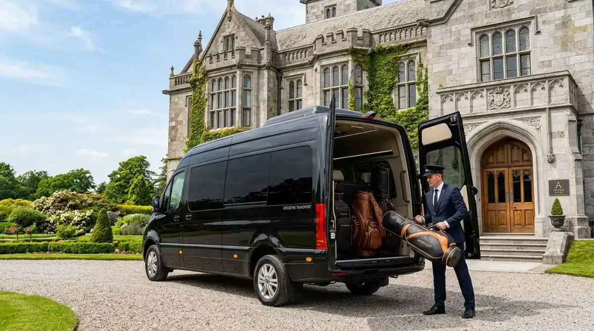 An elite private chauffeur vehicle being loaded with golf gear outside an exclusive luxury estate in Ireland.