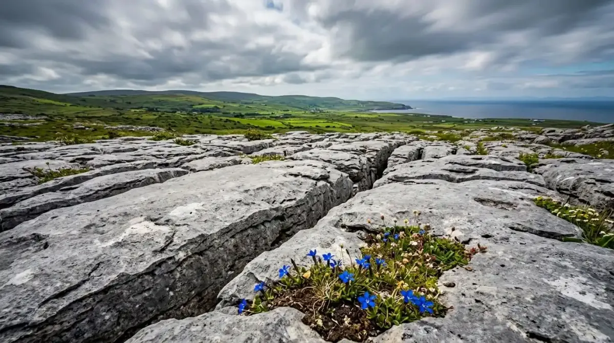 The unique karst limestone landscape of the Burren in County Clare, Ireland.