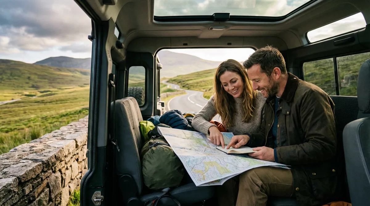 Couple planning their route in a modern SUV with a scenic mountain backdrop