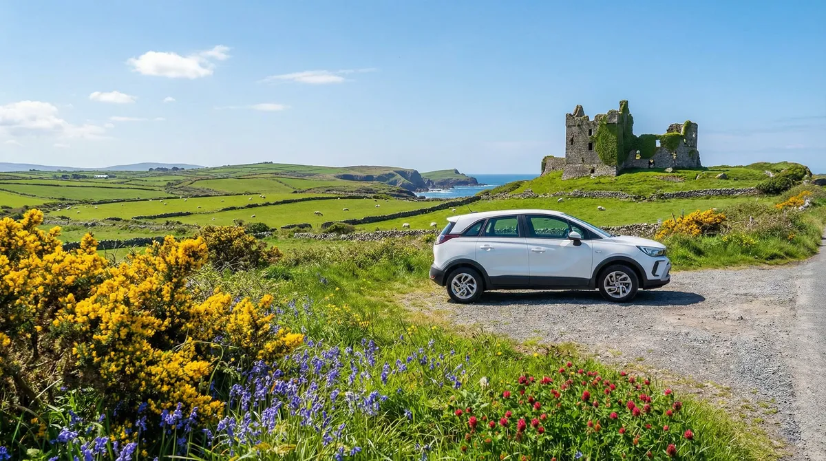 Modern rental car at a scenic overlook in late spring Ireland with wildflowers