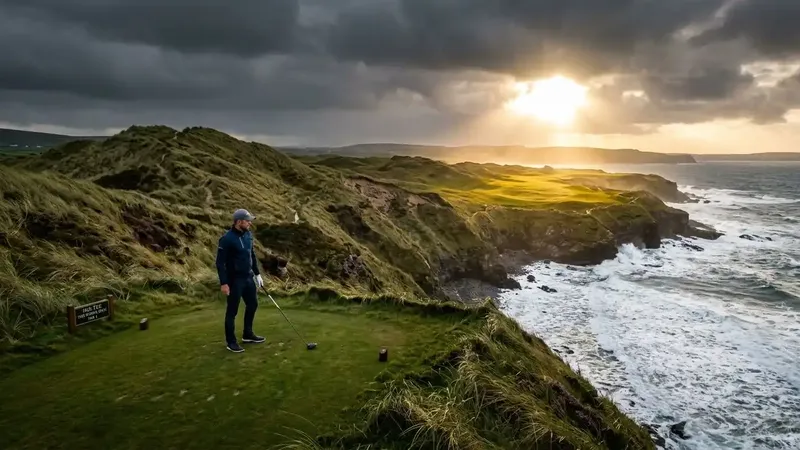 A luxury golfer preparing a tee shot on a dramatic coastal links course during a premier travel tour of Ireland.