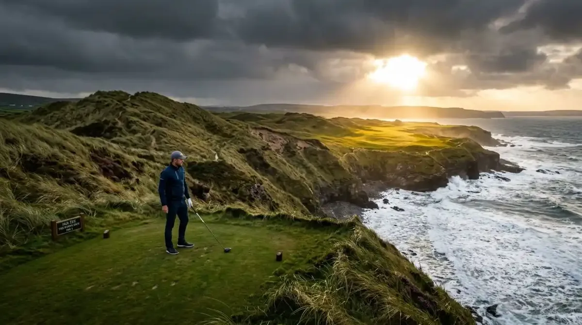 A luxury golfer preparing a tee shot on a dramatic coastal links course during a premier travel tour of Ireland.