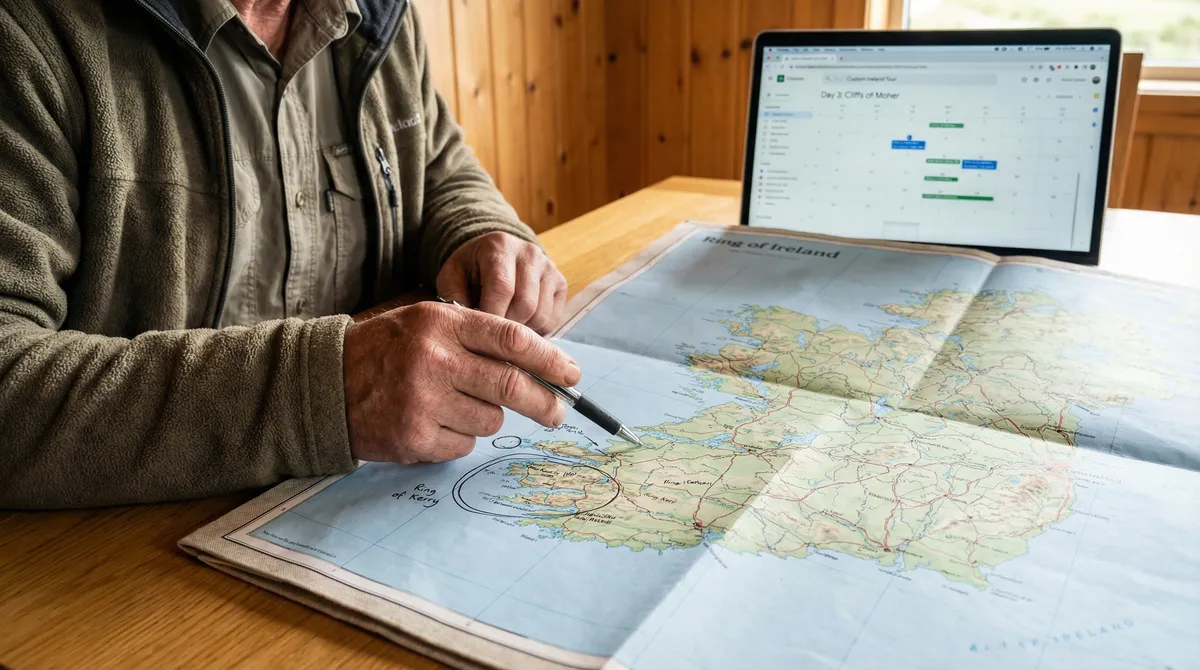 Expert pointing out a route on a detailed map of Ireland for a self-drive trip.