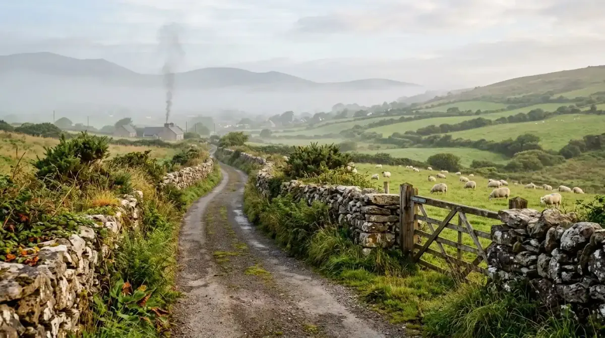 A traditional narrow Irish country road or boreen with stone walls in rural Ireland.
