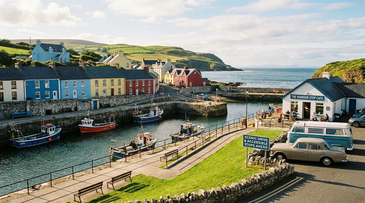 A charming, colorful coastal village with a small harbour and traditional houses, perfect for an accessible scenic drive stop.