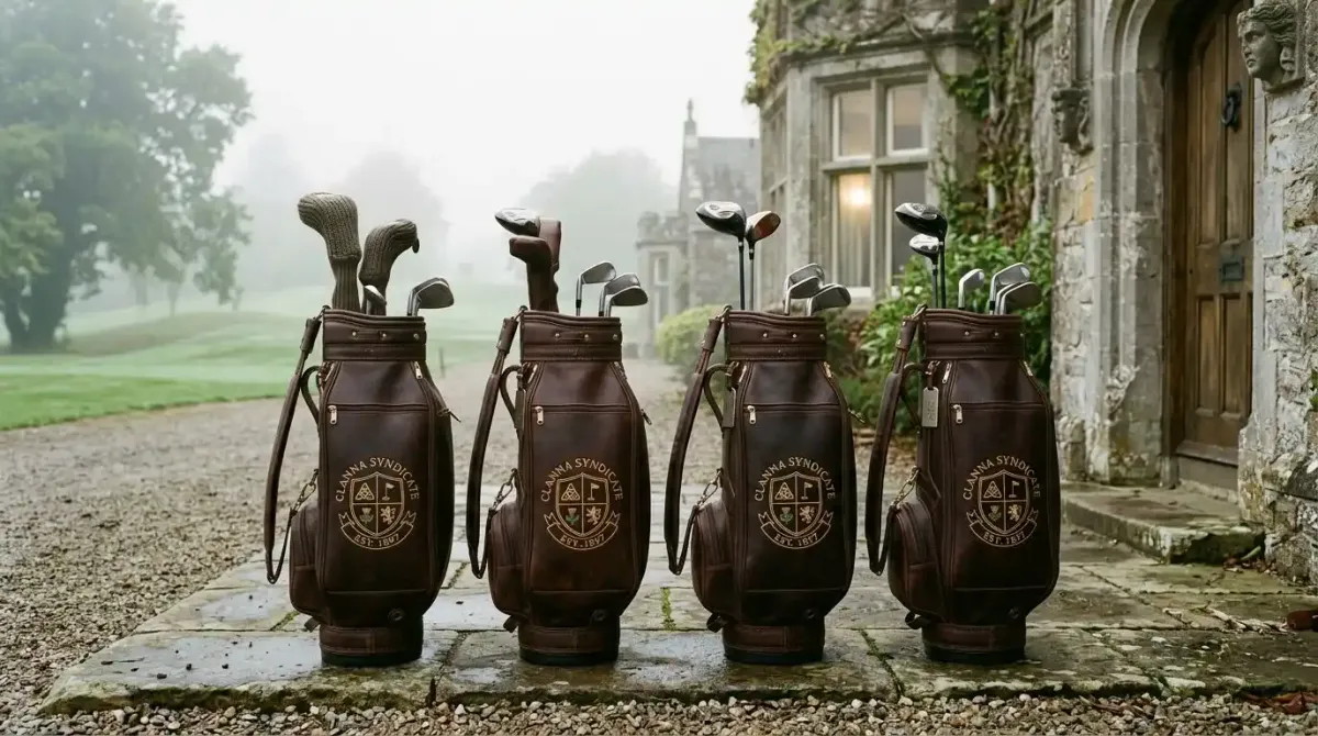 A matching set of luxury leather golf bags resting outside a historic Irish links clubhouse.