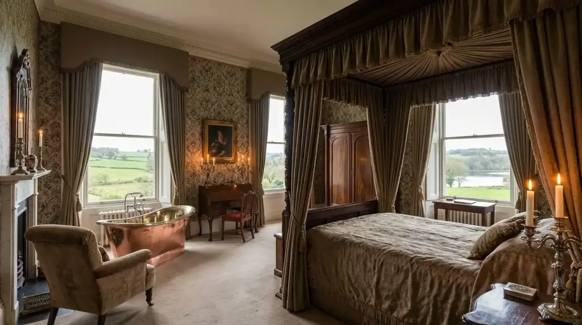 A luxurious, eccentric master suite at Castle Leslie Estate in County Monaghan.