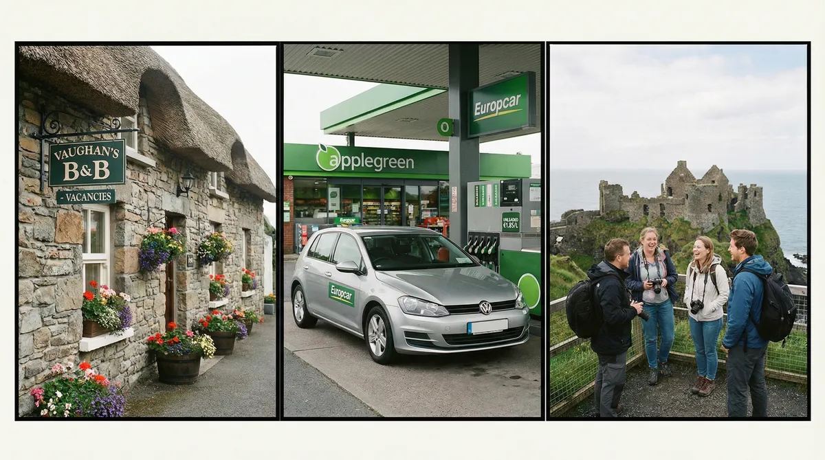 Collage showing an Irish B&B, a modern rental car refueling, and tourists at a scenic castle viewpoint