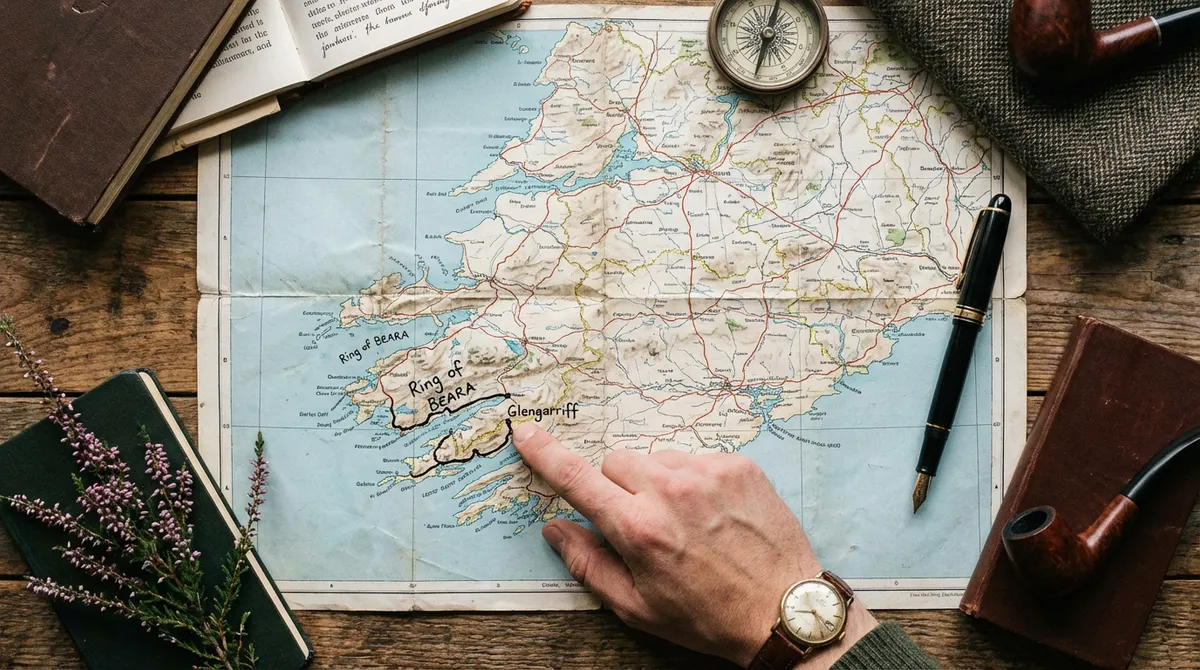 Hand pointing to a hidden gem on an Ireland travel map, representing expert planning.