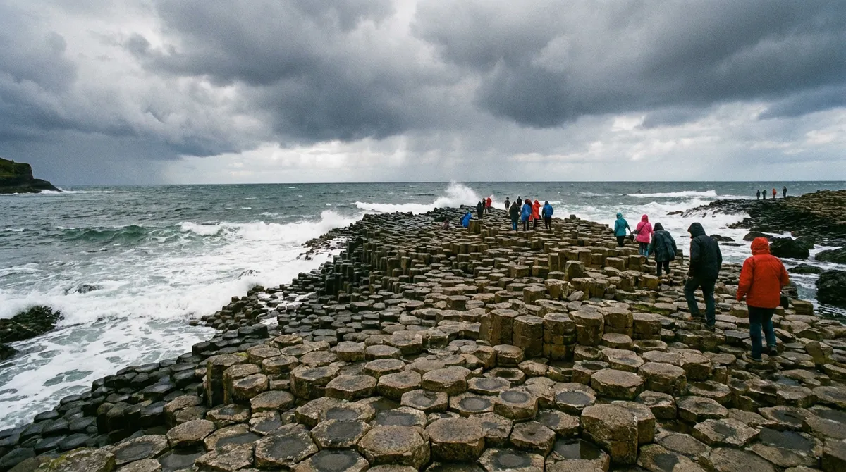 The iconic hexagonal basalt columns of the Giant's Causeway in Northern Ireland, with dramatic waves and sky.