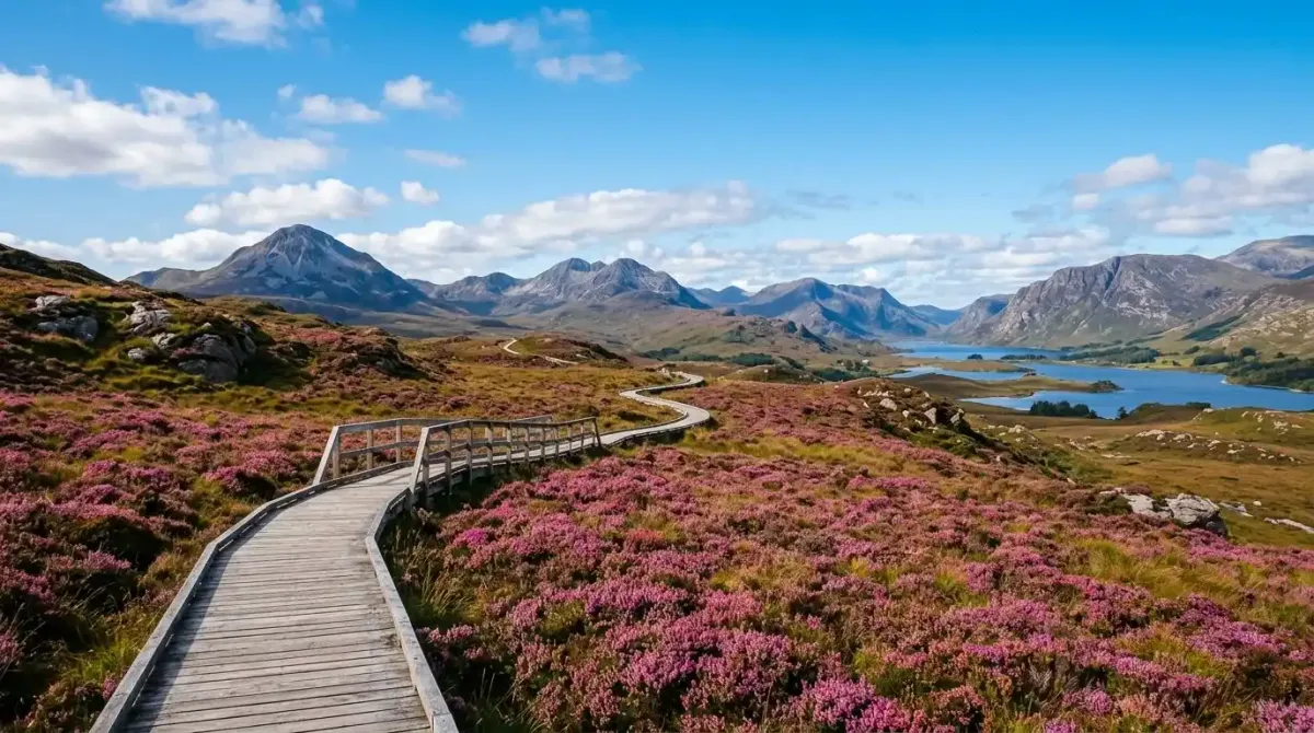 A premium mountain boardwalk path crossing a remote wilderness range on a custom hiking holiday.