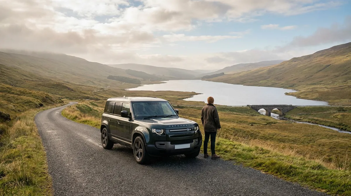 A modern SUV parked on a quiet, scenic road, overlooking a serene Northern Irish landscape, embodying slow travel.