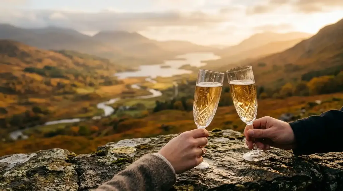 Two champagne glasses overlooking the rolling hills of the Irish west coast during golden hour.