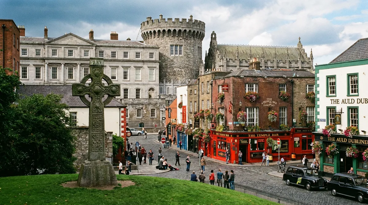 Historic Dublin Castle and vibrant Temple Bar street scene with a Celtic cross