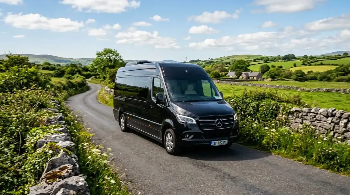 An elite private chauffeur vehicle transporting luxury travelers and golf bags smoothly through the Irish countryside.