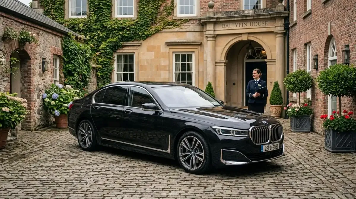A pristine premium automatic vehicle delivered directly to a luxury estate property.