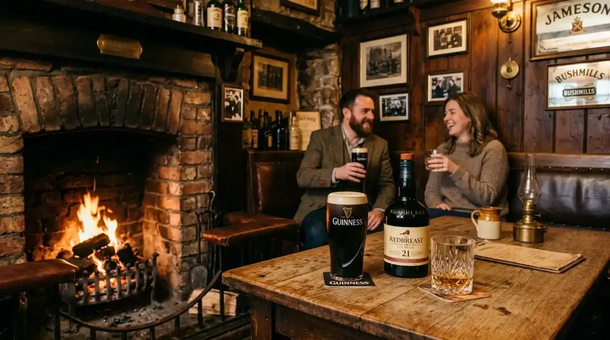 A cozy evening inside a traditional Irish pub snug with a roaring peat fire and rare whiskey.
