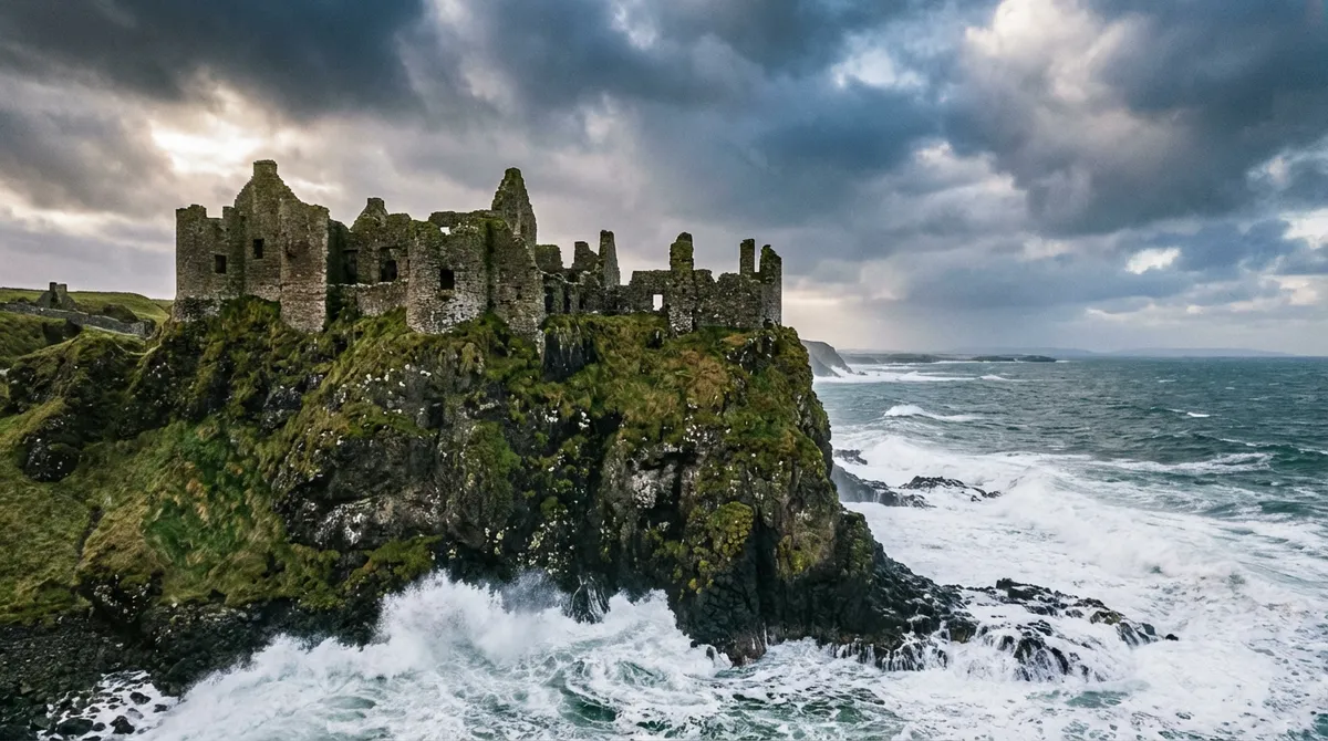 Dramatic view of Dunluce Castle ruins perched on a cliff edge with waves crashing below