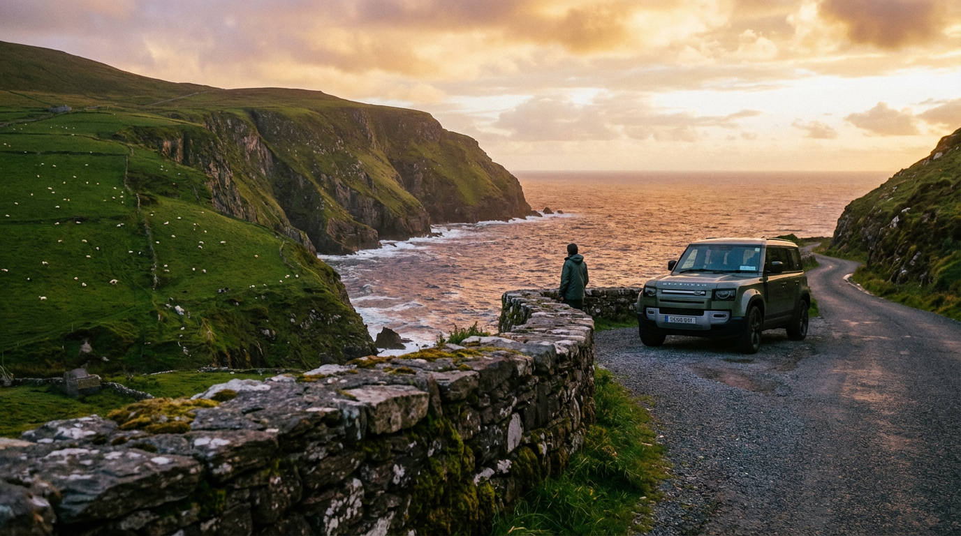 Modern SUV parked on a scenic coastal road in Ireland overlooking dramatic cliffs and the Atlantic Ocean at sunset.