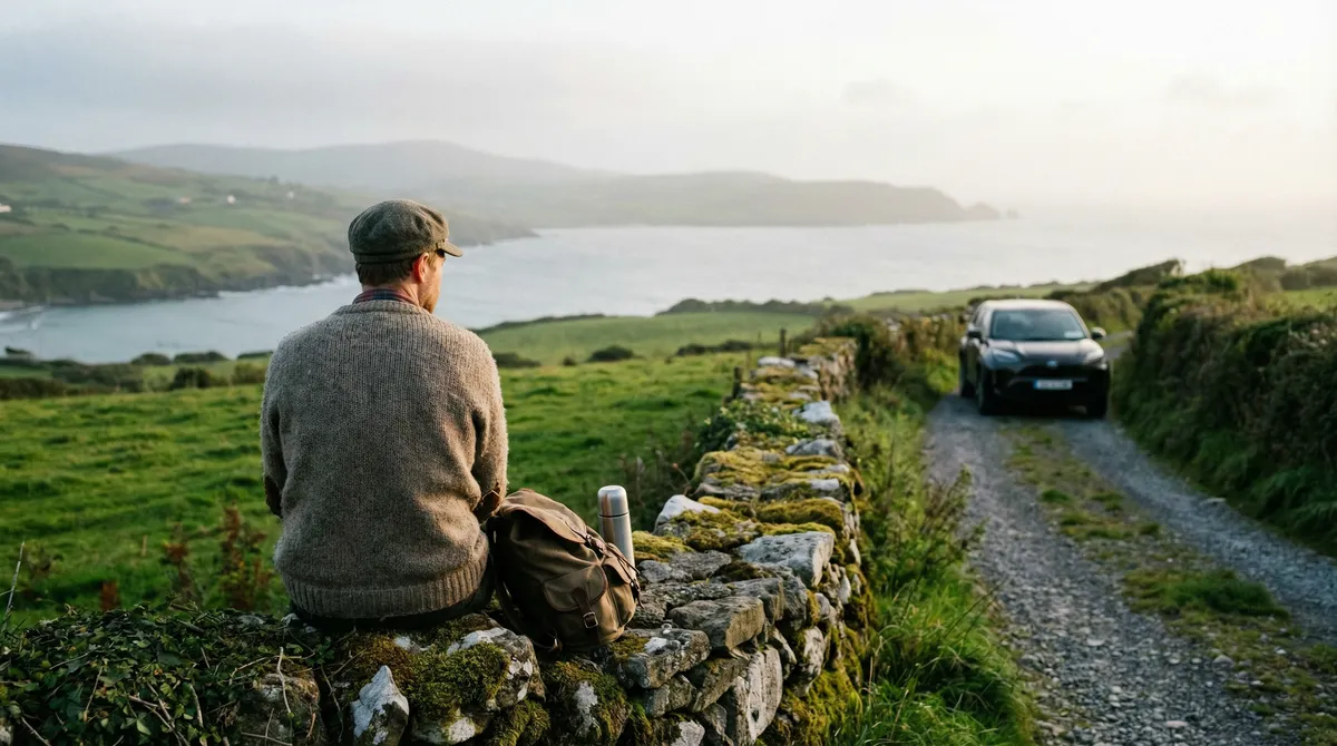 Traveler enjoying a peaceful moment overlooking an Irish landscape, embodying slow travel