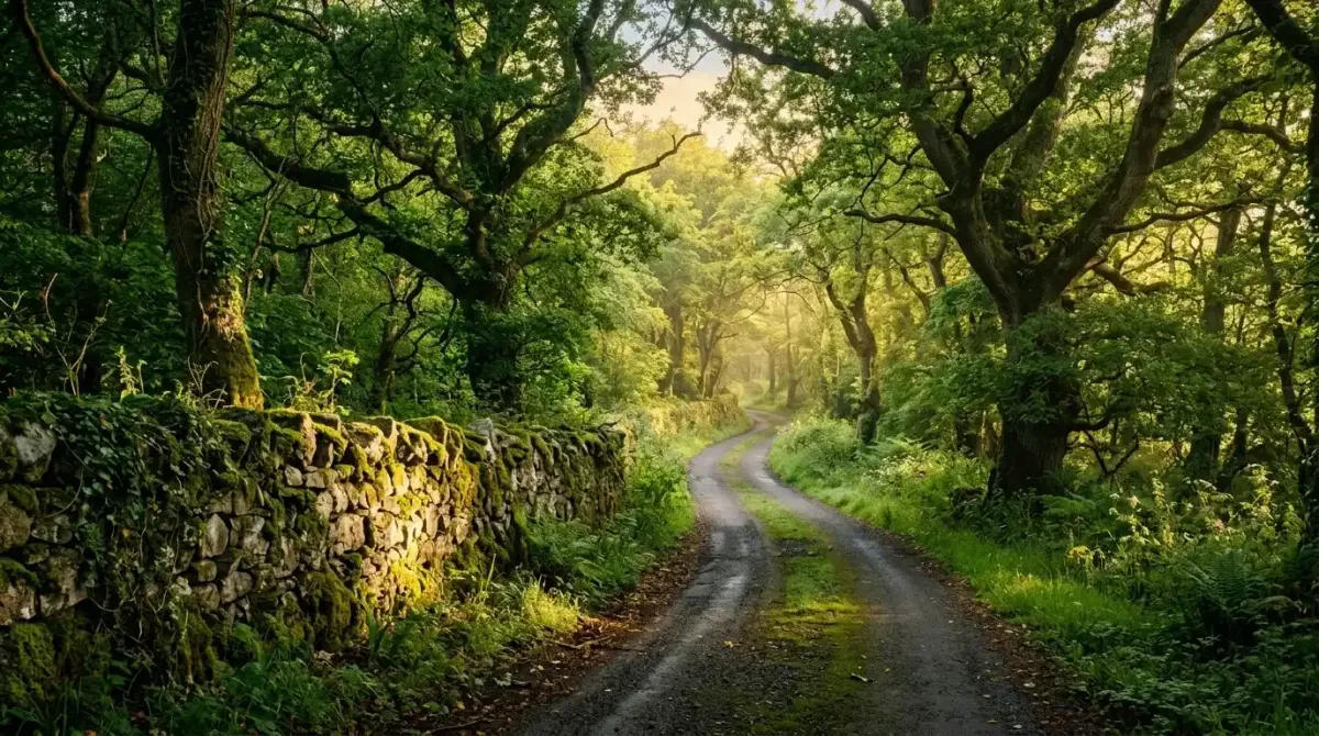 An optimized driving route through the peaceful countryside landscapes surrounding Dublin Airport.