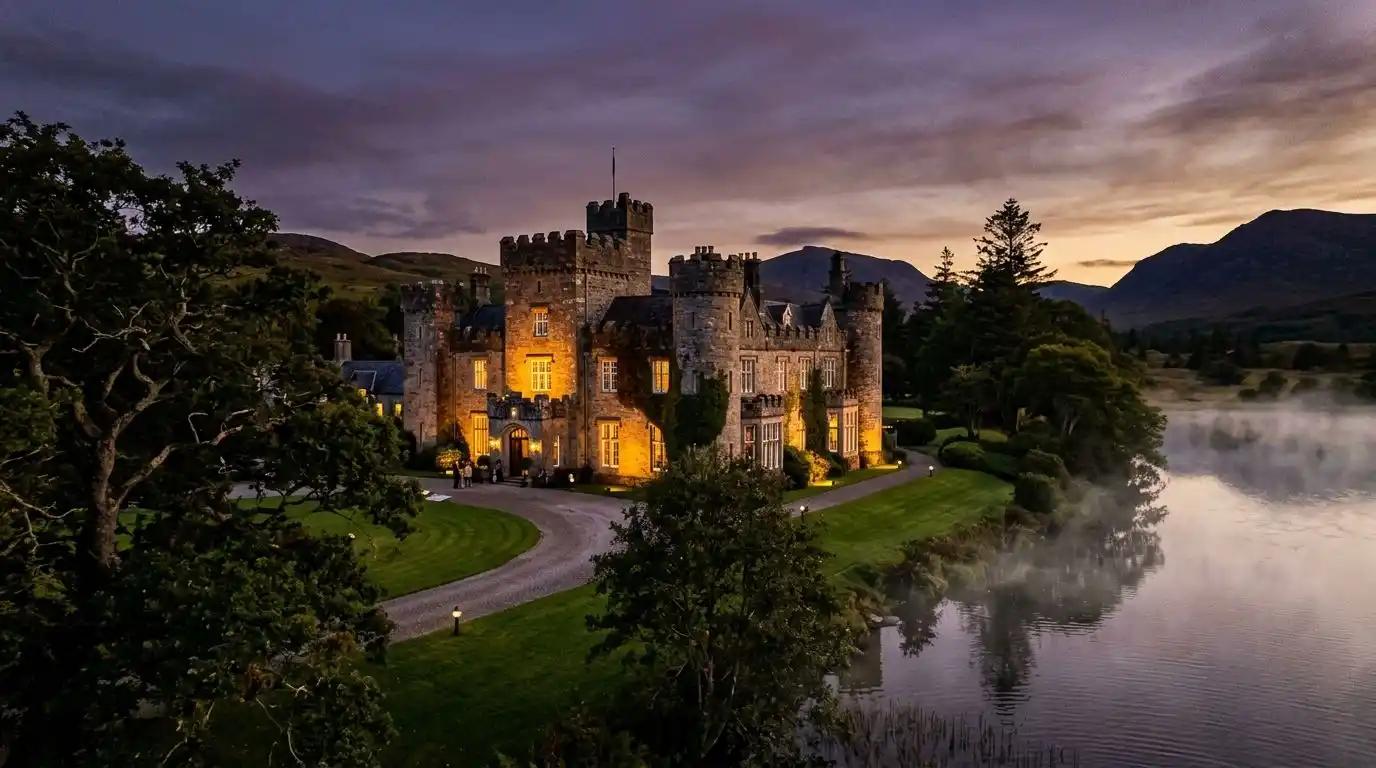 A historic luxury castle hotel estate in Ireland illuminated at twilight during a curated vacation package.