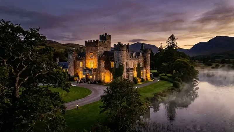 A historic luxury castle hotel estate in Ireland illuminated at twilight during a curated vacation package.