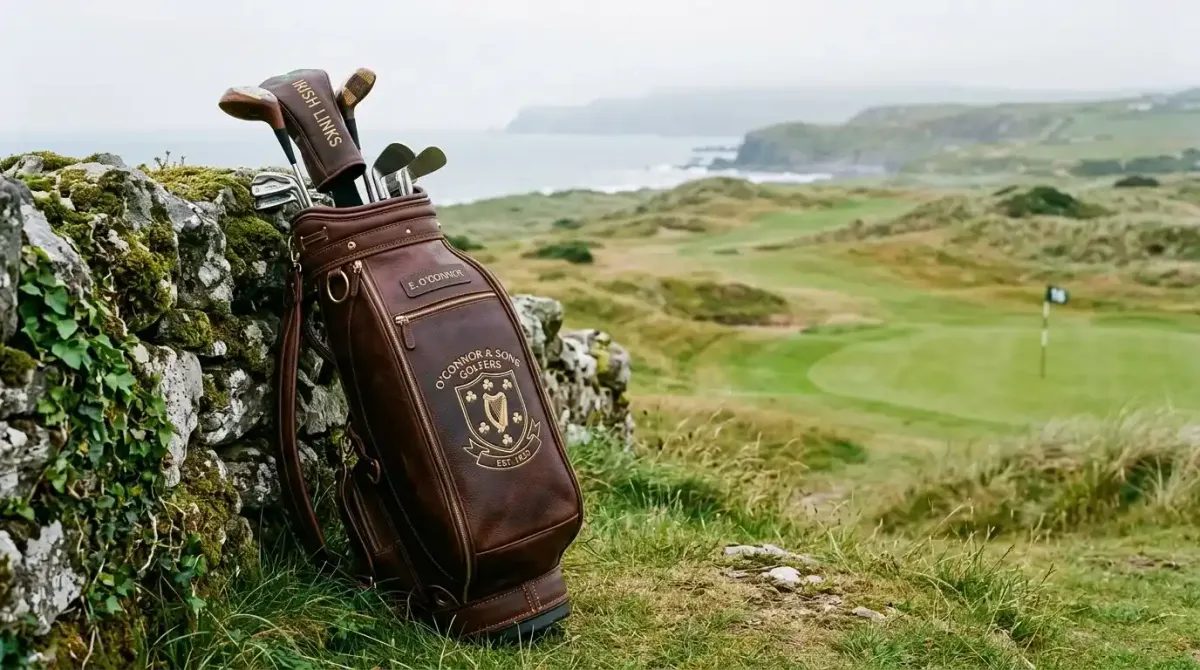 A premium leather golf bag resting against a historic stone wall on an exclusive Irish links course.