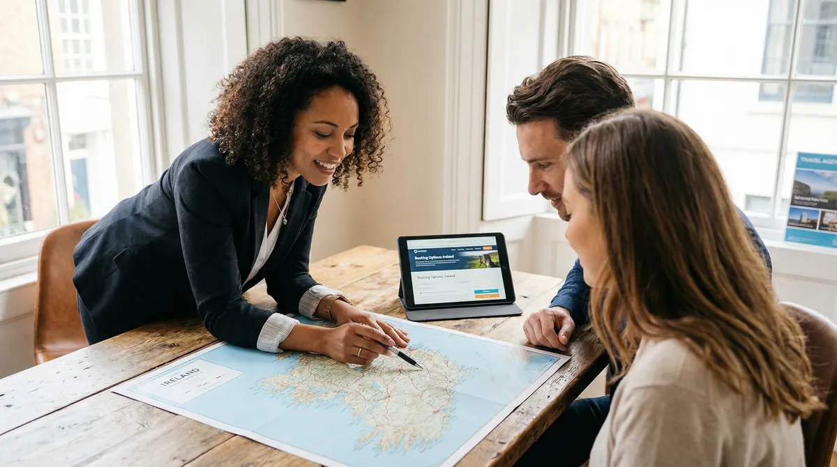 Travel expert guiding a couple on Irish accommodation options on a map