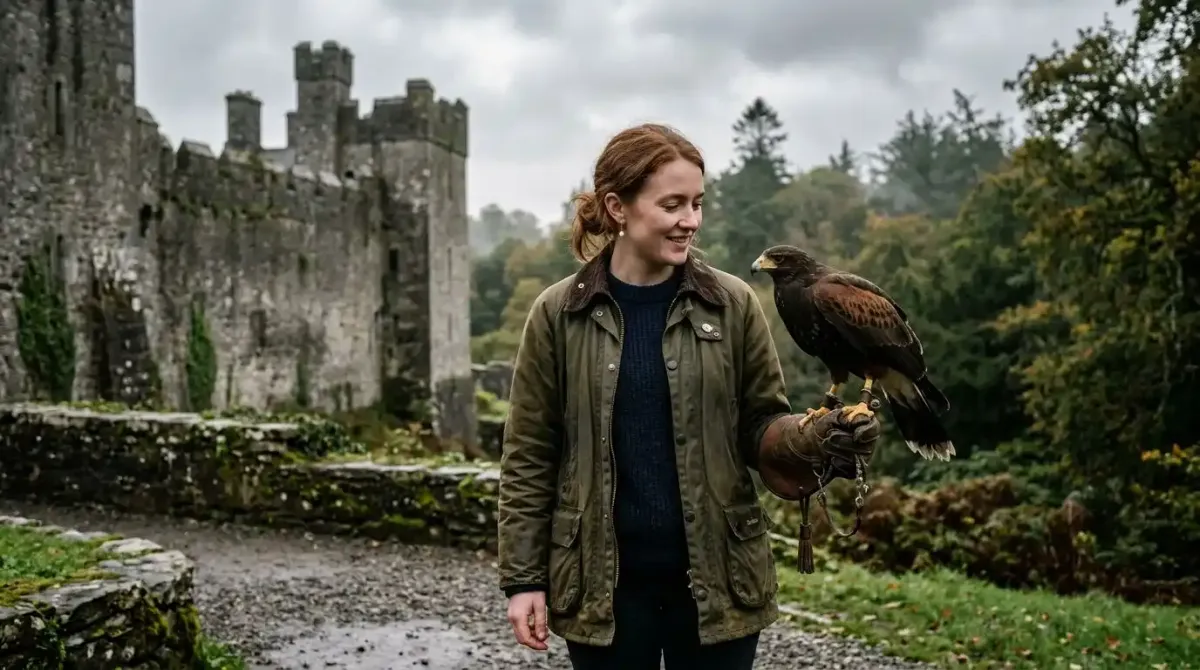 A guest enjoying a falconry experience at a luxury Irish castle estate.