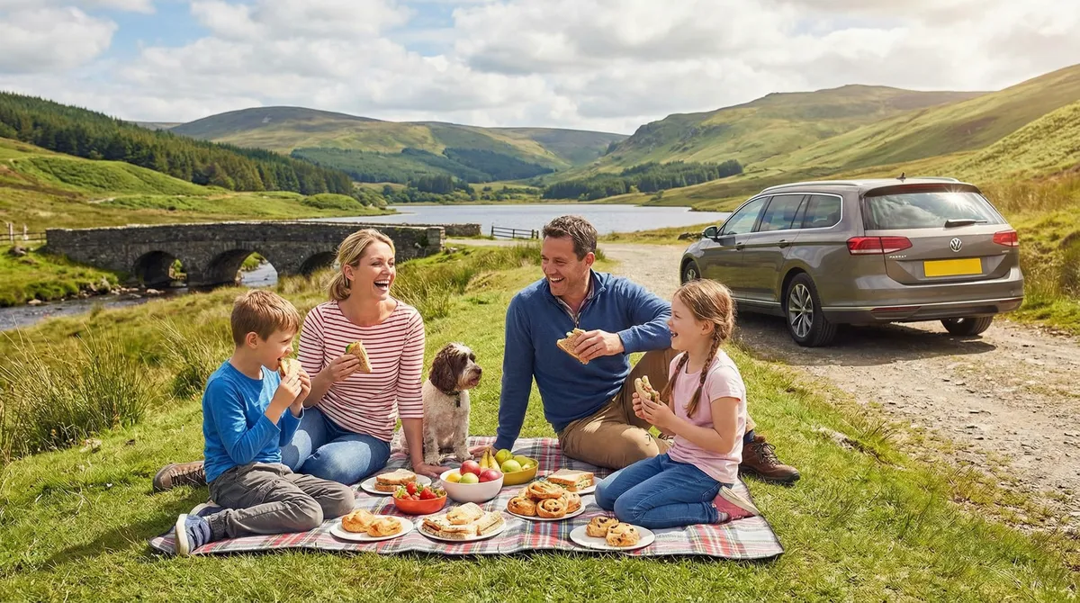 A family having a picnic in the scenic Wicklow Mountains, with a modern rental car parked in the background, representing an accessible road trip.