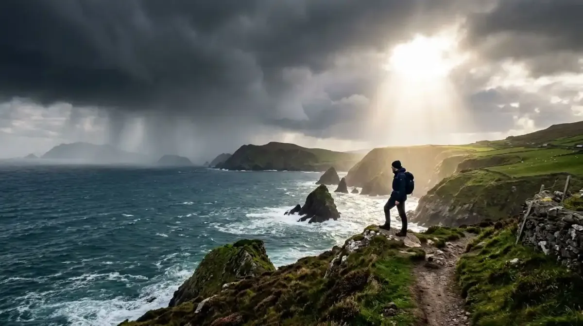 Shifting weather patterns and dramatic sunlight piercing through heavy rain clouds on a luxury Dingle walking tour.