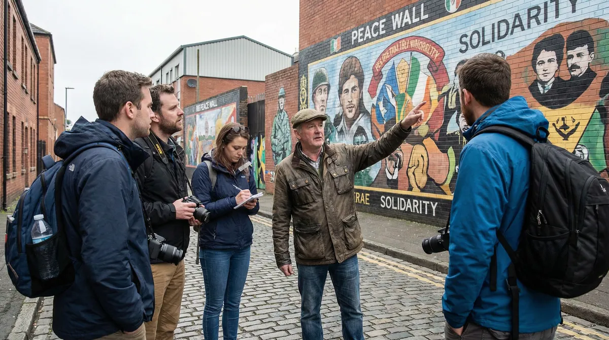 Local guide explaining a political mural in Belfast to tourists