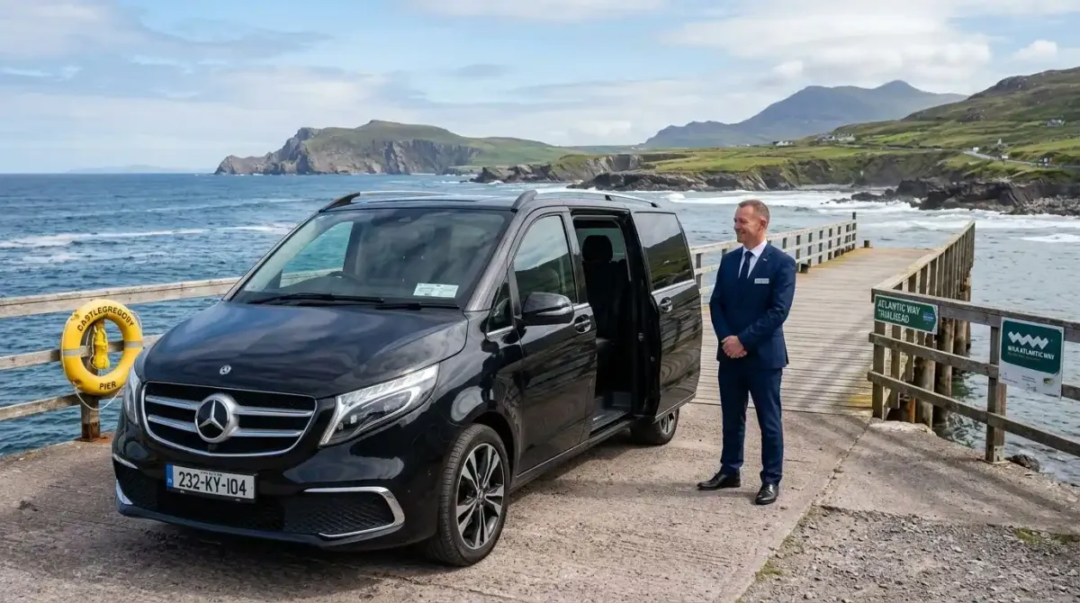 Mercedes-Benz chauffeur vehicle waiting at a remote trail endpoint to collect luxury hikers.
