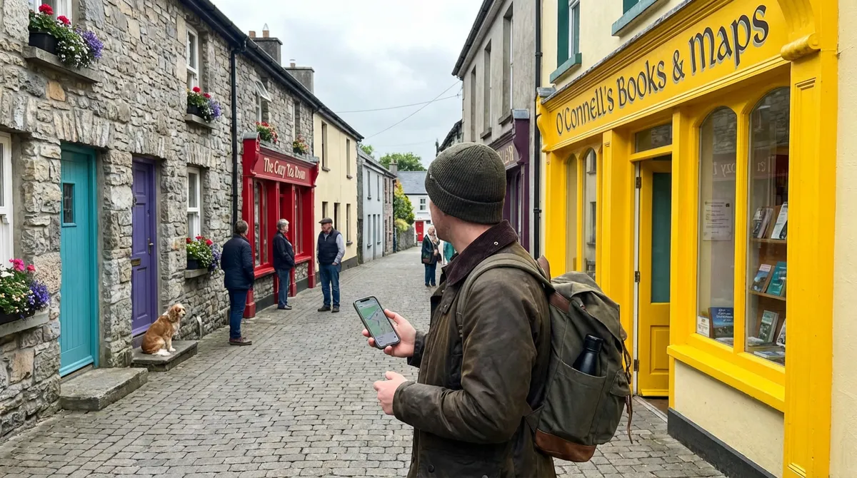 A traveler using a smartphone to navigate a charming, quiet street in a traditional Irish village.
