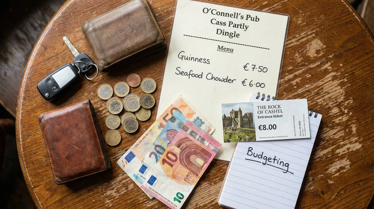 Items representing the cost of a self-drive trip in Ireland: rental car key, Euros, pub menu, and attraction ticket